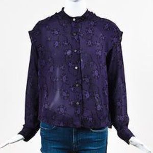 Rachel Comey Purple Black Silk Lace Print Layered Button Up Blouse